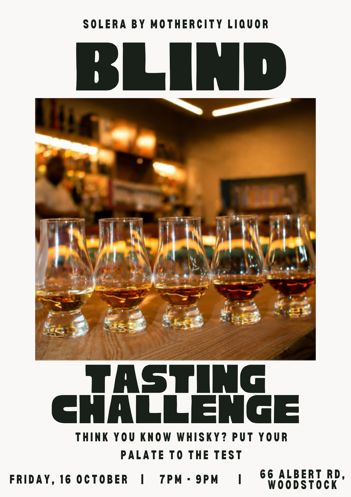Promotional poster for a 'Blind Tasting Challenge' featuring a row of whisky glasses on a wooden bar counter. The text reads 'Solera by Mothercity Liquor BLIND TASTING CHALLENGE' with event details at the bottom.