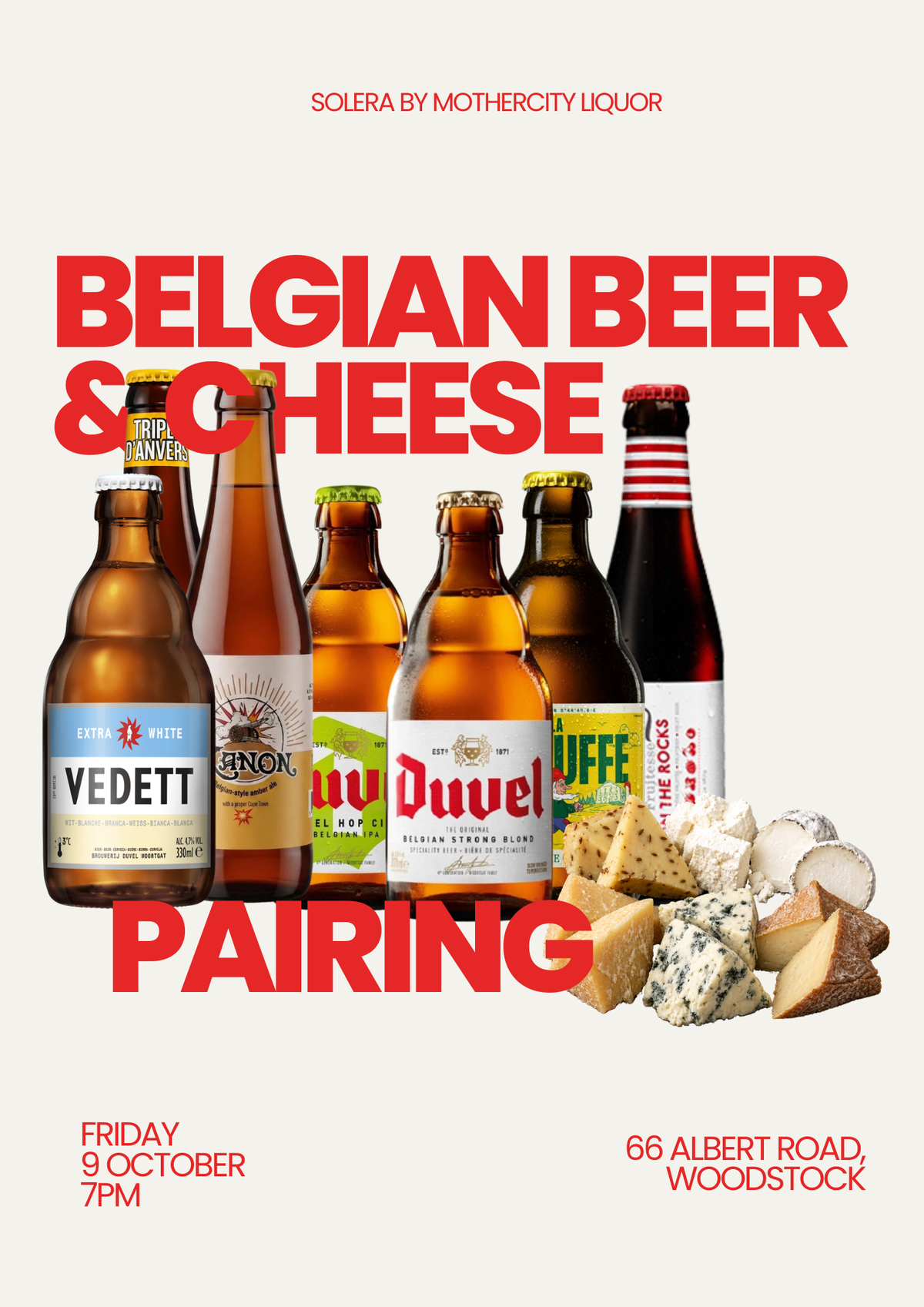 Promotional pairing poster for Belgian beer and cheese, featuring multiple beer bottles and wedges of cheese on a light beige background with large red text reading 'BELGIAN BEER & CHEESE' and 'PAIRING'.